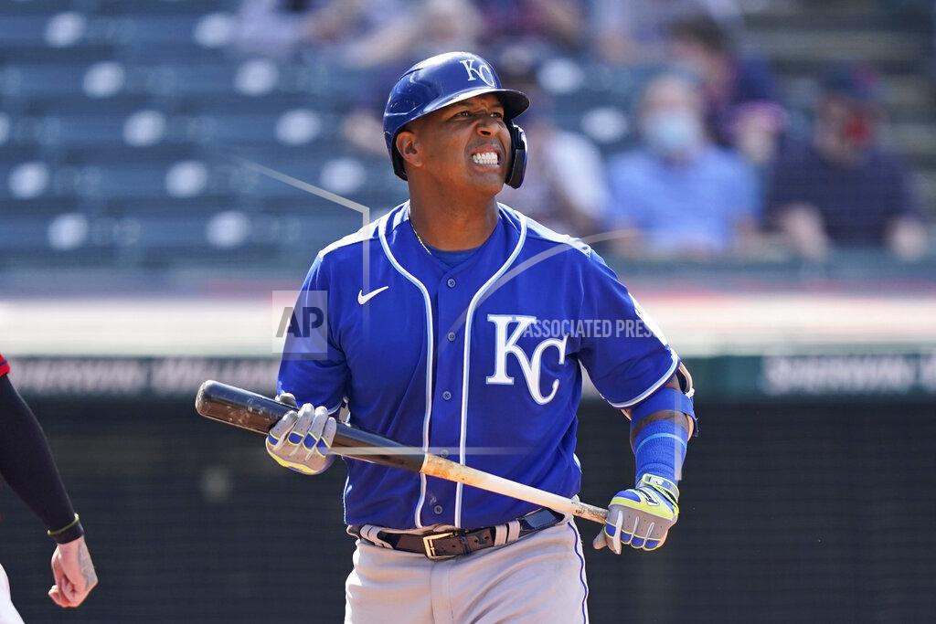 Tony Dejak Kansas City Royals' Salvador Perez reacts after striking out in the seventh inning of a baseball game against the Cleveland Indians, Wednesday, April 7, 2021, in Cleveland. (AP Photo/Tony Dejak)