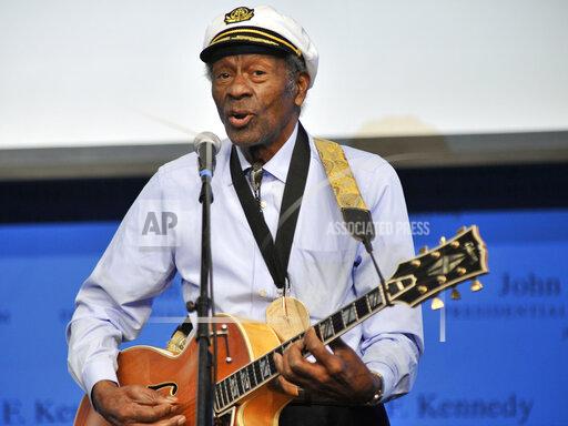 FILE - In this Feb. 26, 2012 file photo, rock 'n' roll legend Chuck Berry performs "Johnny B. Goode" at the John F. Kennedy Presidential Library and Museum in Boston. Dualtone Records is marking Berry's birthday by announcing the release of a live album from the late rock ’n roll legend. “Live From Blueberry Hill” is taken from performances recorded between July 2005 and January 2006 at Blueberry Hill café in St. Louis, one of Berry’s favorite places to play. The album will be released Dec. 17. (AP Photo/Josh Reynolds, File)