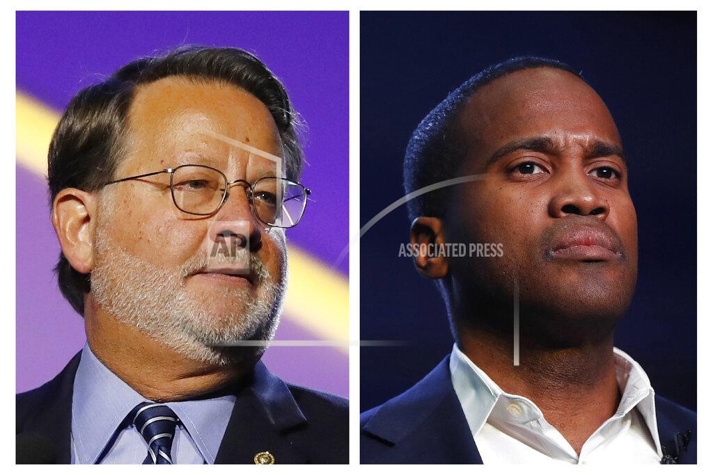 FILE - In this combination of 2018 and 2019 file photos are, from left, Democratic U.S. Sen. Gary Peters, D-Mich., and Republican U.S. Senate candidate John James. James has been called a rising star of the Republican Party so many times it's become a cliche. Now Republicans are looking to the African American combat veteran, business owner and father of three to flip a Senate seat to help the party hold its precarious majority. But James' race against Sen. Gary Peters in a presidential battleground state has suddenly gotten dicier. Although Trump narrowly won Michigan in 2016, the mood seems to be turning away from the president and the GOP. (AP Photos, File)