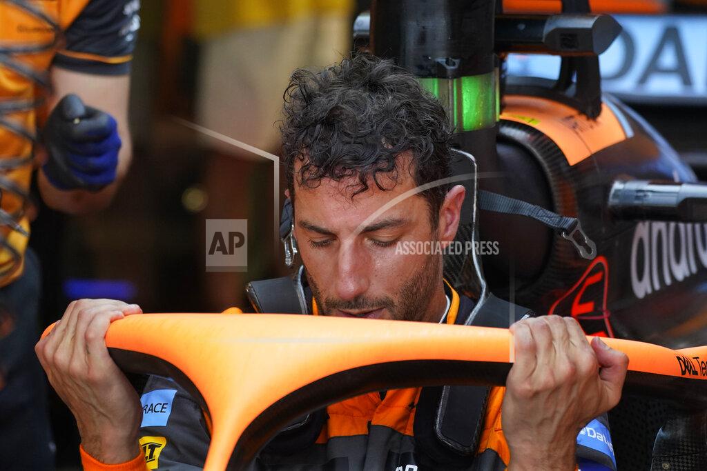 Darron Cummings McLaren driver Daniel Ricciardo of Australia gets out of his car following the first practice session for the Formula One Miami Grand Prix auto race at the Miami International Autodrome, Friday, May 6, 2022, in Miami Gardens, Fla. (AP Photo/Darron Cummings)