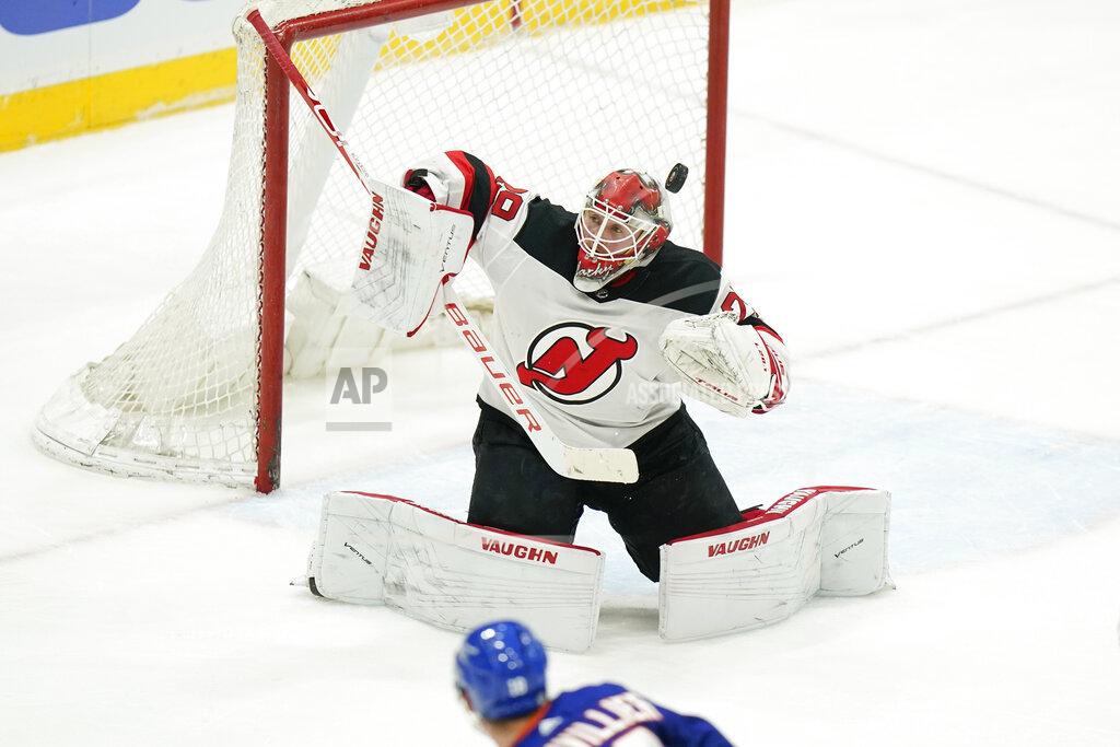 Frank Franklin Ii New Jersey Devils goaltender Mackenzie Blackwood (29) stops a shot on goal during the second period of an NHL hockey game against the New York Islanders Saturday, May 8, 2021, in Uniondale, N.Y. (AP Photo/Frank Franklin II)