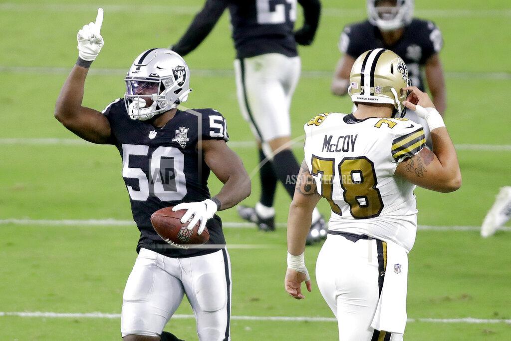 Isaac Brekken Las Vegas Raiders linebacker Nicholas Morrow (50) celebrates after making an interception against the New Orleans Saints during the first half of an NFL football game, Monday, Sept. 21, 2020, in Las Vegas. (AP Photo/Isaac Brekken)