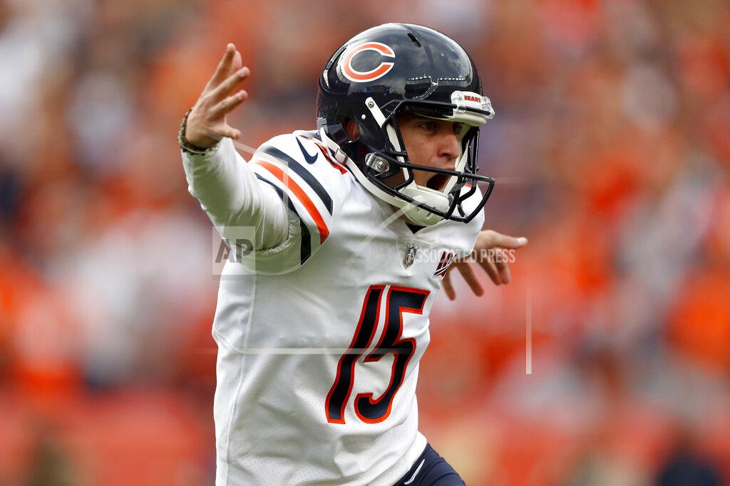 David Zalubowski Chicago Bears kicker Eddy Pineiro (15) celebrates his game-winning field goal after an NFL football game against the Denver Broncos, Sunday, Sept. 15, 2019, in Denver. The Bears won 16-14. (AP Photo/David Zalubowski)