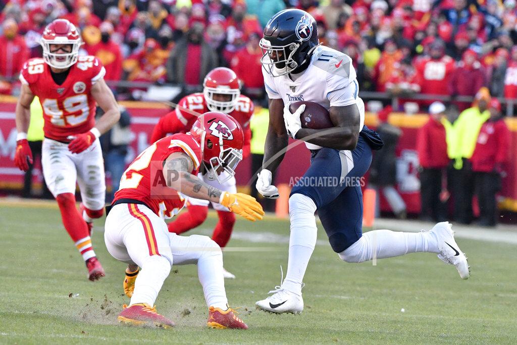 Ed Zurga Tennessee Titans' A.J. Brown (11) runs during the first half of the NFL AFC Championship football game against the Kansas City Chiefs Sunday, Jan. 19, 2020, in Kansas City, MO. (AP Photo/Ed Zurga)