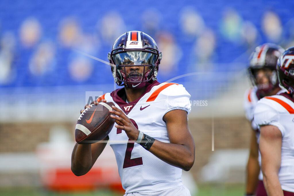 Nell Redmond Virginia Tech quarterback Hendon Hooker (2) warms up before playing against Duke in an NCAA college football game, Saturday, Oct. 3, 2020, in Durham, N.C. (Nell Redmond/Pool Photo via AP)