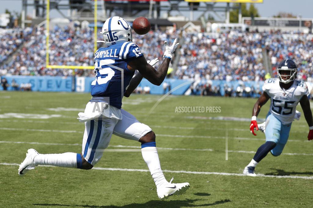 Wade Payne Indianapolis Colts wide receiver Parris Campbell (15) catches a touchdown pass ahead of Tennessee Titans inside linebacker Jayon Brown (55) in the first half of an NFL football game Sunday, Sept. 15, 2019, in Nashville, Tenn. (AP Photo/Wade Payne)
