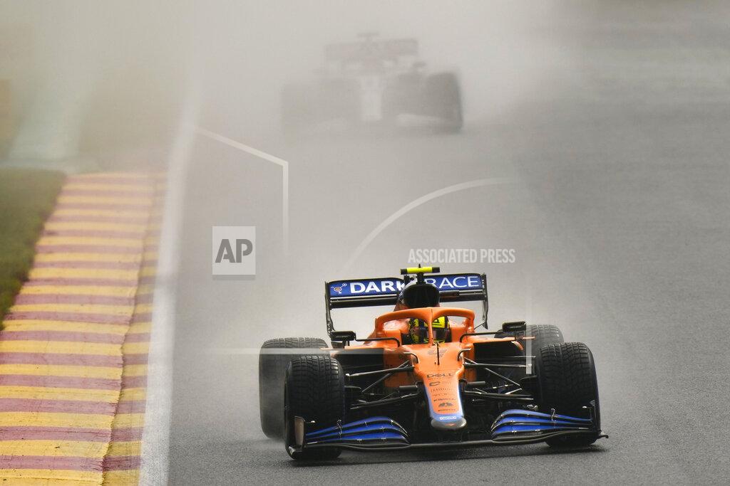 Francisco Seco Mclaren driver Lando Norris of Britain steers his car during qualification ahead of the Formula One Grand Prix at the Spa-Francorchamps racetrack in Spa, Belgium, Saturday, Aug. 28, 2021. The Belgian Formula One Grand Prix will take place on Sunday. (AP Photo/Francisco Seco)