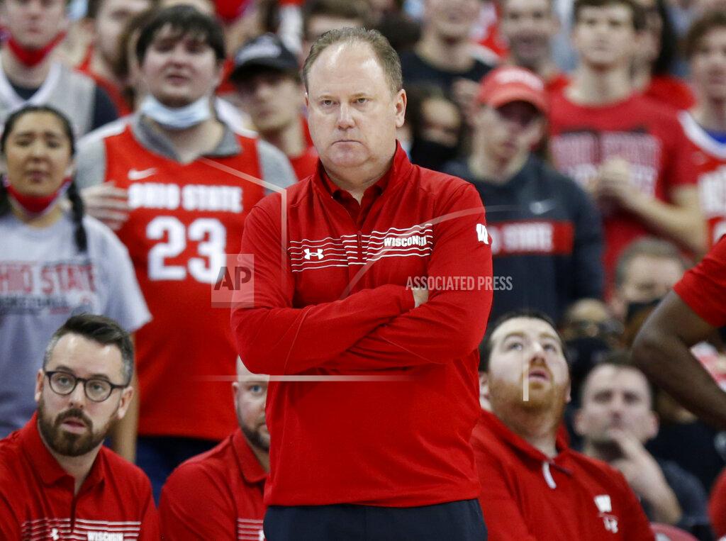 Paul Vernon Wisconsin coach Greg Gard watches his team during the second half of an NCAA college basketball game against Ohio State in Columbus, Ohio, Saturday, Dec. 11, 2021. Ohio State won 73-55. (AP Photo/Paul Vernon)