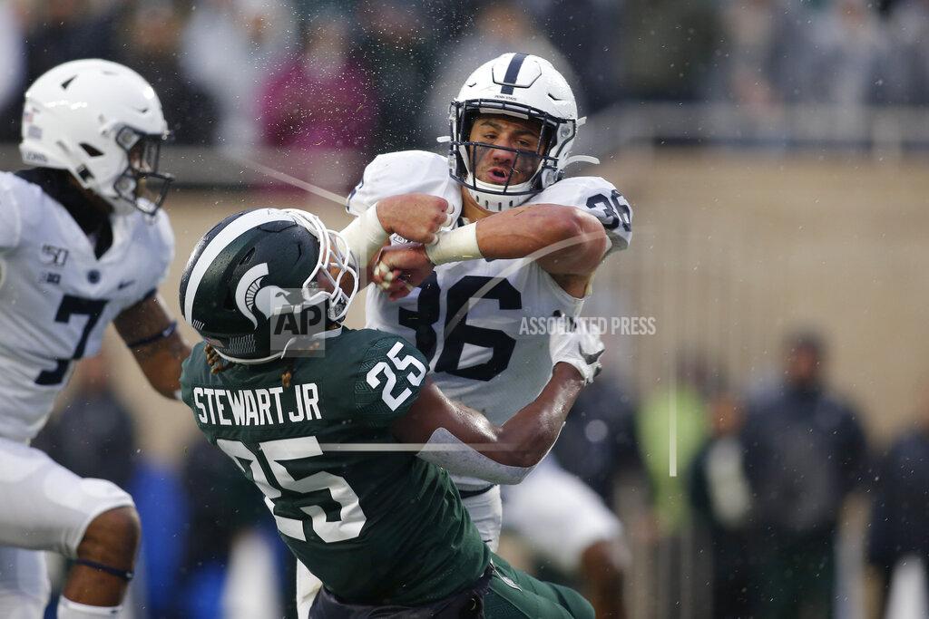 Al Goldis Penn State's Jan Johnson, right, hits Michigan State's Darrell Stewart (25) in the end zone on an attempted pass reception during the second quarter of an NCAA college football game, Saturday, Oct. 26, 2019, in East Lansing, Mich. (AP Photo/Al Goldis)