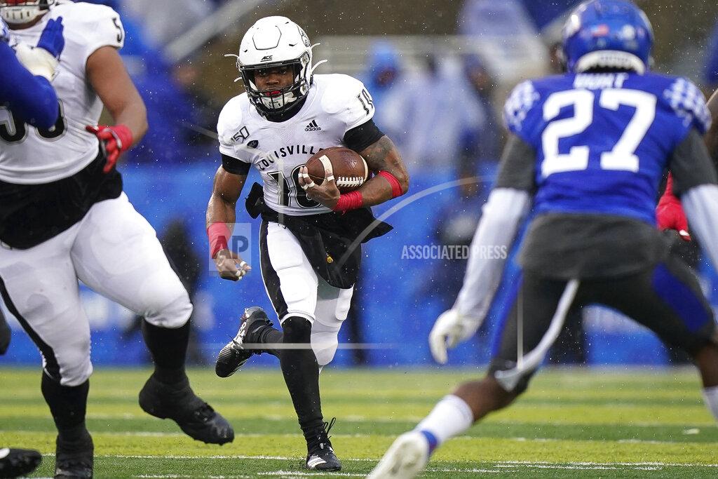 Bryan Woolston Louisville running back Javian Hawkins (10) runs the ball during the first half of the NCAA college football game against Kentucky, Saturday, Nov. 30, 2019, in Lexington, Ky. (AP Photo/Bryan Woolston)