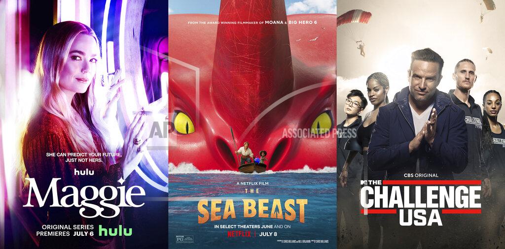 Uncredited This combination of photos shows promotional art for the Hulu series "Maggie," left, the Netflix animated film "The Sea Beast," center, and the new reality competition series "The Challenge USA" on CBS. (Hulu/Netflix/CBS via AP)