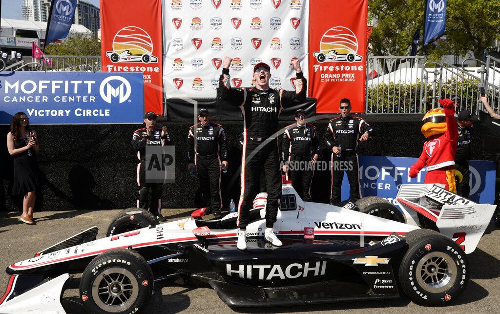 Jason Behnken Team Penske driver Josef Newgarden (2), of the United States, celebrates after winning the IndyCar Firestone Grand Prix of St. Petersburg (Fla.) auto race Sunday, March 10, 2019, in St Petersburg, Fla. (AP Photo/Jason Behnken)