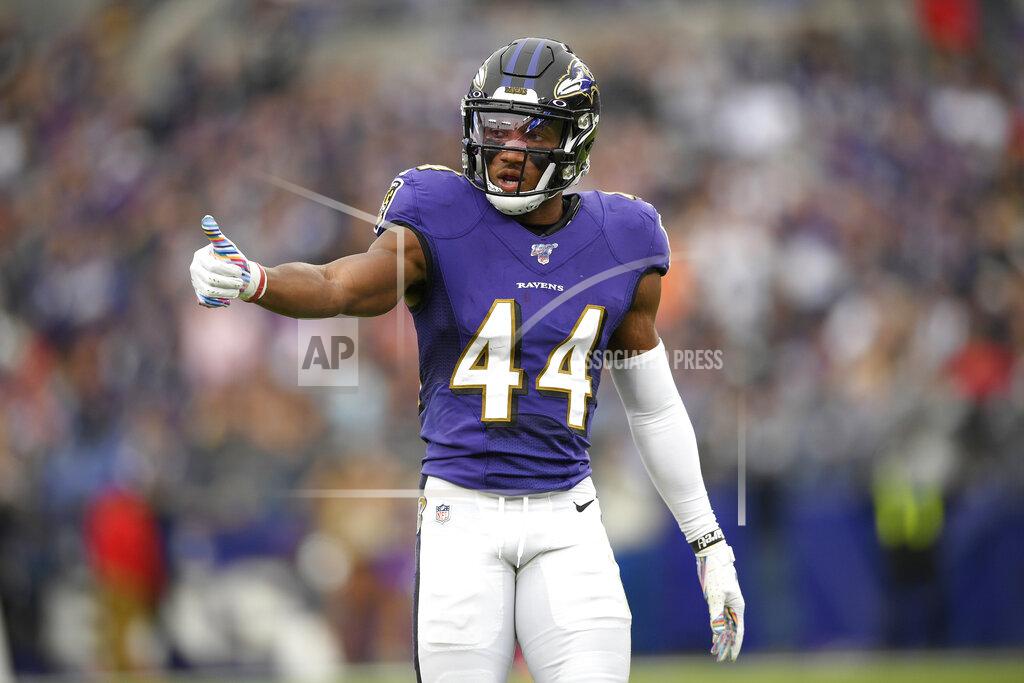 Nick Wass Baltimore Ravens cornerback Marlon Humphrey gestures toward a line judge before a play against the Cincinnati Bengals during the second half of a NFL football game Sunday, Oct. 13, 2019, in Baltimore. (AP Photo/Nick Wass)