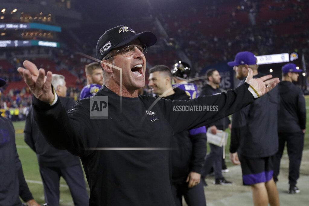 Marcio Jose Sanchez Baltimore Ravens head coach John Harbaugh celebrates after their win against the Los Angeles Rams during an NFL football game Monday, Nov. 25, 2019, in Los Angeles. (AP Photo/Marcio Jose Sanchez)