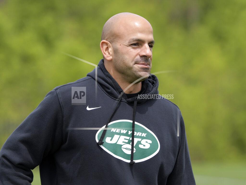 New York Jets coach Robert Saleh looks on during NFL football rookie camp, Friday, May 7, 2021, in Florham Park, N.J.(AP Photo/Bill Kostroun)
