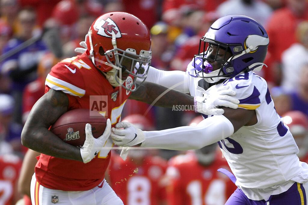 Reed Hoffmann Minnesota Vikings cornerback Kris Boyd (38) tackles Kansas City Chiefs wide receiver Mecole Hardman (17) during the first half of an NFL football game in Kansas City, Mo., Sunday, Nov. 3, 2019. (AP Photo/Reed Hoffmann)
