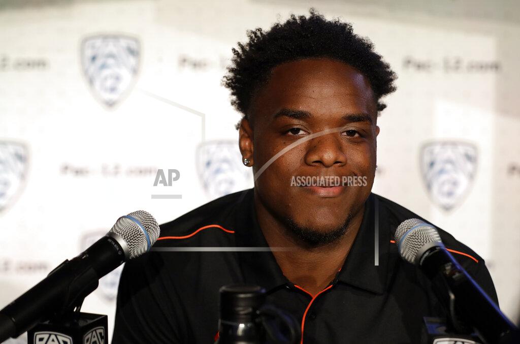 Marcio Jose Sanchez Oregon State running back Jermar Jefferson answers questions during the Pac-12 Conference NCAA college football Media Day Wednesday, July 24, 2019, in Los Angeles. (AP Photo/Marcio Jose Sanchez)