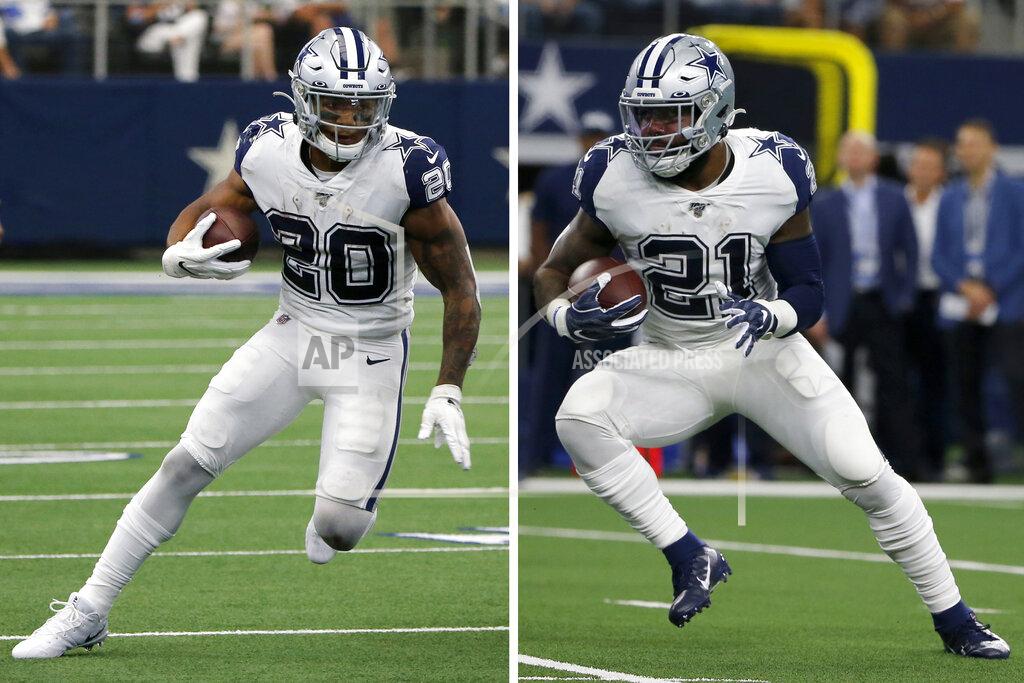 Michael Ainsworth FILE - At left, in a Sept. 22, 2019, file photo, Dallas Cowboys running back Tony Pollard (20) runs the ball against the Miami Dolphins in the second half of an NFL football game in Arlington, Texas. At right, also in a Sept. 22, 2019, file photo, Dallas Cowboys running back Ezekiel Elliott (21) finds running room against the Miami Dolphins in the first half of a NFL football game in Arlington, Texas. Now that the schedule is getting more difficult and Ezekiel Elliott is pretty much up to speed after missing the entire preseason in a holdout, the Cowboys have to decide how prominent a role they want for Pollard after the rookie's firs 100-yard game.(AP Photo/Michael Ainsworth, File)