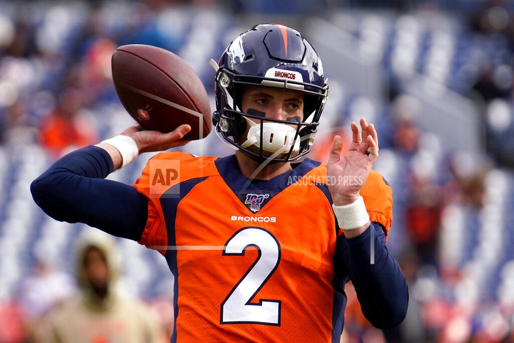 Jack Dempsey Denver Broncos quarterback Brandon Allen (2) warms up prior to an NFL football game against the Cleveland Browns, Sunday, Nov. 3, 2019, in Denver. (AP Photo/Jack Dempsey)