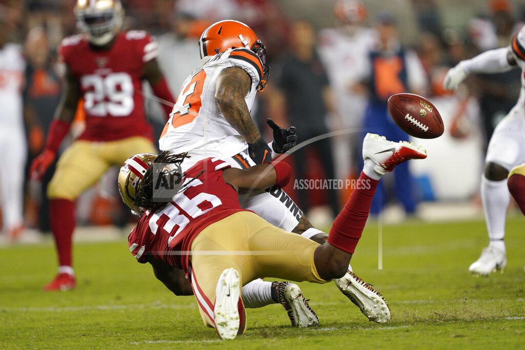 Tony Avelar San Francisco 49ers' Marcell Harris (36) tackles and forces a fumble by Cleveland Browns' Odell Beckham Jr. on a punt return, which the 49ers recovered, during the second half of an NFL football game in Santa Clara, Calif., Monday, Oct. 7, 2019. (AP Photo/Tony Avelar)