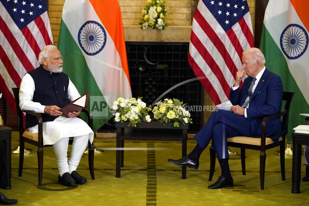 Evan Vucci U.S. President Joe Biden, right, meets with Indian Prime Minister Narendra Modi during the Quad leaders summit at Kantei Palace, Tuesday, May 24, 2022, in Tokyo. (AP Photo/Evan Vucci)
