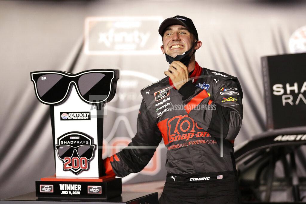 Mark Humphrey Austin Cindric celebrates his win after a NASCAR Xfinity Series auto race Thursday, July 9, 2020, in Sparta, Ky. (AP Photo/Mark Humphrey)