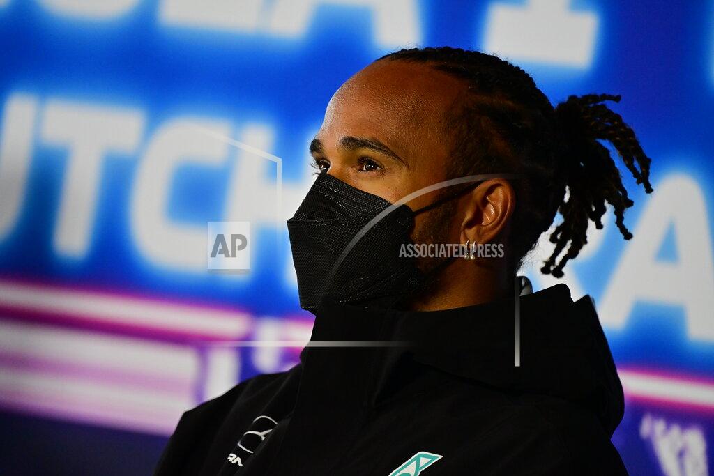 Mercedes driver Lewis Hamilton of Britain attends a press conference ahead of Sunday's Formula One Dutch Grand Prix at the Zandvoort racetrack, Netherlands, Thursday, Sept. 2, 2021. (Andrej Isakovic, Pool via AP)