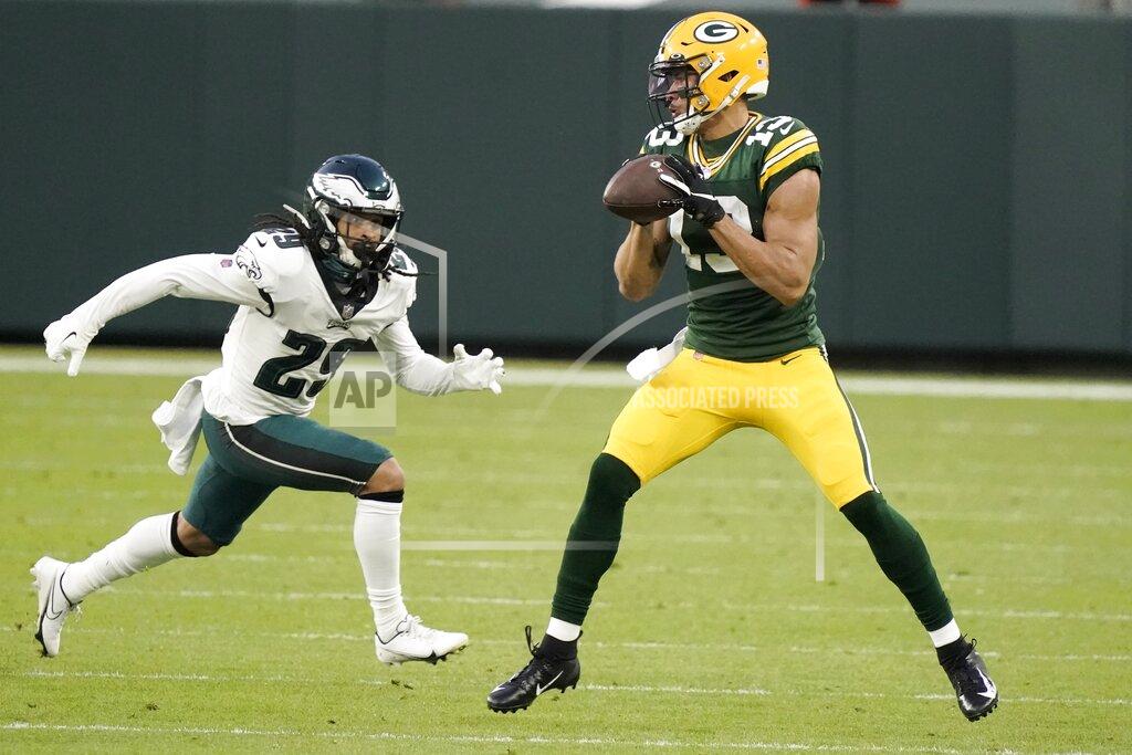Morry Gash Green Bay Packers' Allen Lazard catches a pass in front of Philadelphia Eagles' Avonte Maddox during the first half of an NFL football game Sunday, Dec. 6, 2020, in Green Bay, Wis. (AP Photo/Morry Gash)