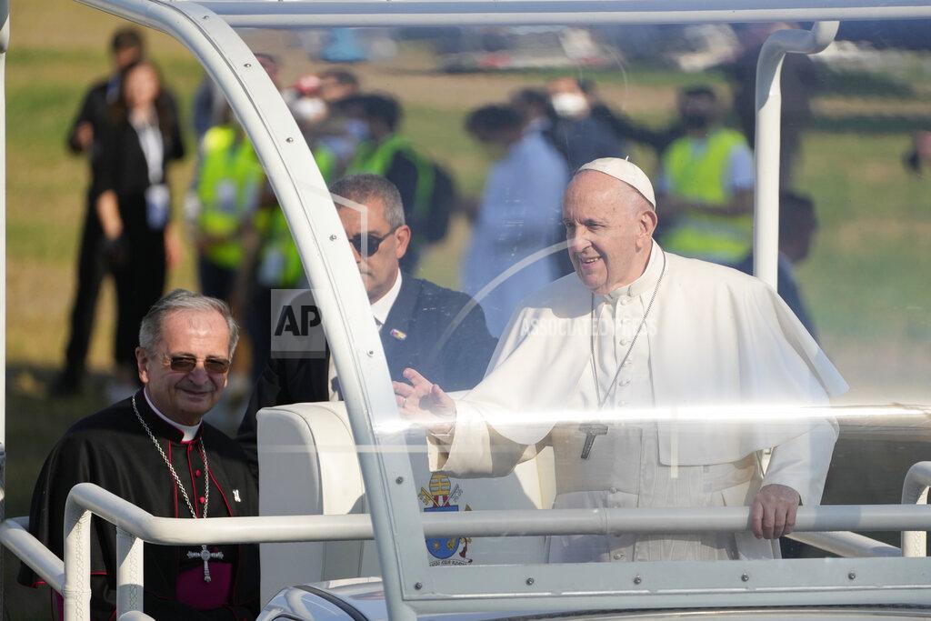 Gregorio Borgia Pope Francis arrives to celebrate a Mass in the esplanade of the National Shrine in Sastin, Slovakia, Wednesday, Sept. 15, 2021. Pope Francis celebrates an open air Mass in Sastin, the site of an annual pilgrimage each September 15 to venerate Slovakia's patron, Our Lady of Sorrows. (AP Photo/Gregorio Borgia)