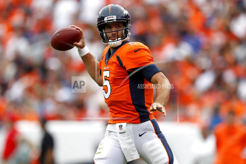 David Zalubowski Denver Broncos quarterback Joe Flacco (5) throws against the Chicago Bears during the second half of an NFL football game, Sunday, Sept. 15, 2019, in Denver. (AP Photo/David Zalubowski)