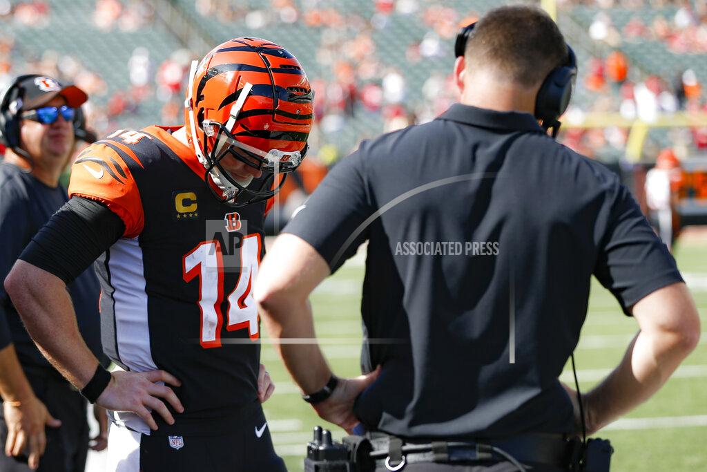 Frank Victores Cincinnati Bengals quarterback Andy Dalton (14) reacts alongside head coach Zac Taylor, right, after an NFL football game against the San Francisco 49ers, Sunday, Sept. 15, 2019, in Cincinnati. (AP Photo/Frank Victores)