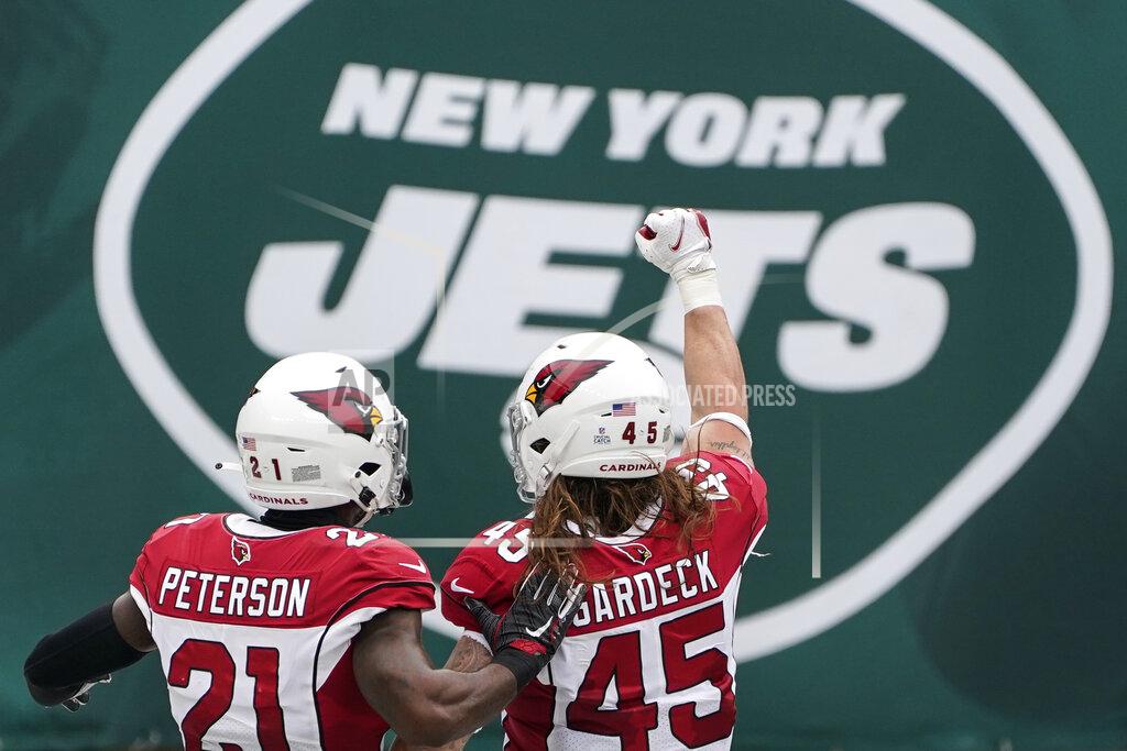 Seth Wenig Arizona Cardinals linebacker Dennis Gardeck (45) celebrates alongside cornerback Patrick Peterson (21) after sacking New York Jets quarterback Joe Flacco during the first half of an NFL football game, Sunday, Oct. 11, 2020, in East Rutherford. (AP Photo/Seth Wenig)