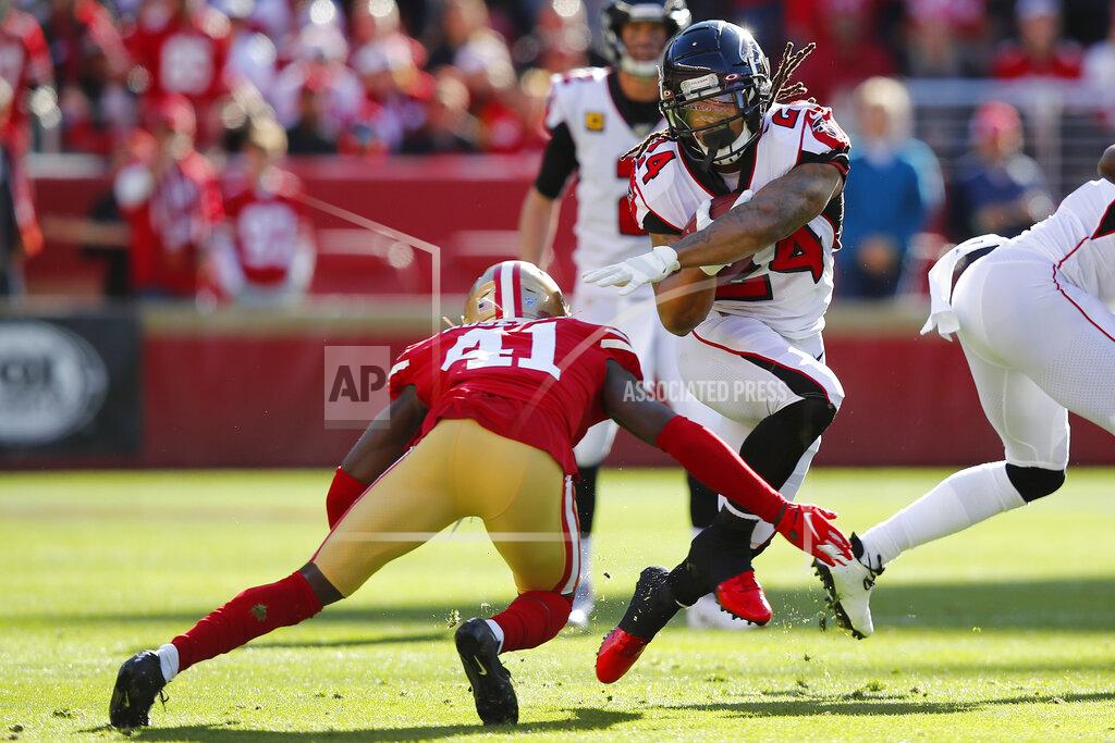 John Hefti Atlanta Falcons running back Devonta Freeman (24) runs against San Francisco 49ers defensive back Emmanuel Moseley (41) during the first half of an NFL football game in Santa Clara, Calif., Sunday, Dec. 15, 2019. (AP Photo/John Hefti)