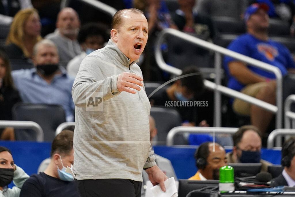 John Raoux New York Knicks coach Tom Thibodeau reacts to a call by officials during the second half of the team's NBA basketball game against the Orlando Magic, Friday, Oct. 22, 2021, in Orlando, Fla. (AP Photo/John Raoux)