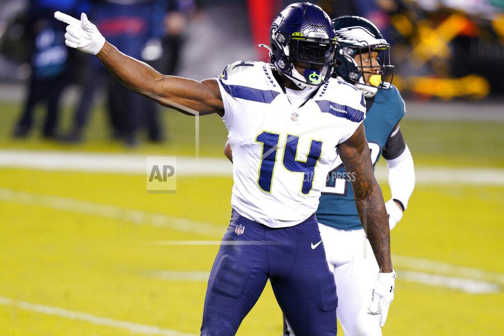 Chris Szagola Seattle Seahawks' DK Metcalf reacts after a first down catch during the first half of an NFL football game against the Philadelphia Eagles, Monday, Nov. 30, 2020, in Philadelphia. (AP Photo/Chris Szagola)