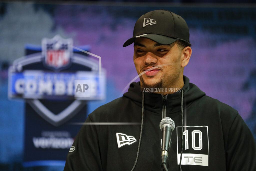 Michael Conroy LSU tight end Thaddeus Moss speaks during a press conference at the NFL football scouting combine in Indianapolis, Tuesday, Feb. 25, 2020. (AP Photo/Michael Conroy)