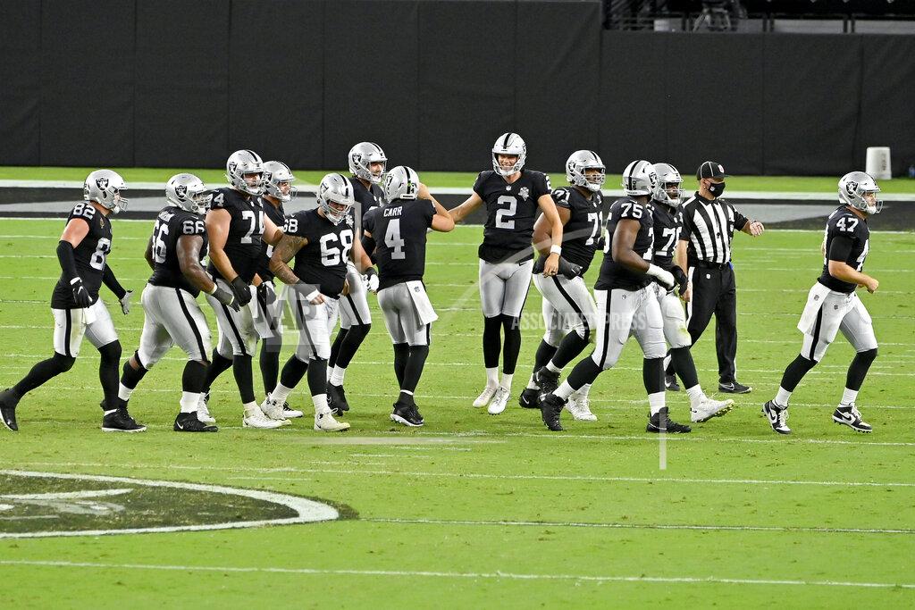 David Becker Las Vegas Raiders kicker Daniel Carlson (2) celebrates after making a 54 field goal against the New Orleans Saints during the second half of an NFL football game, Monday, Sept. 21, 2020, in Las Vegas. (AP Photo/David Becker)