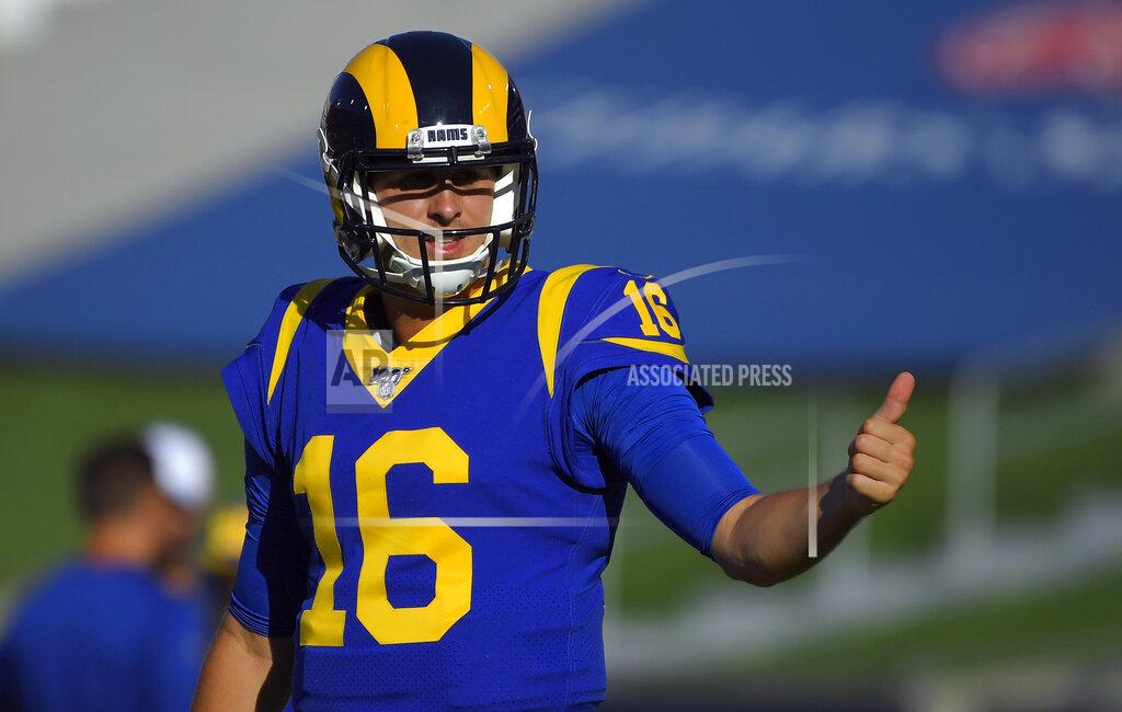 Mark J. Terrill FILE - In this Aug. 24, 2019, file photo, Los Angeles Rams quarterback Jared Goff (16) warms up before the start of an NFL preseason football game against the Denver Broncos, in Los Angeles. Todd Gurley, Aaron Donald and now Jared Goff have all agreed to contract extensions over the past year that set new NFL benchmarks for guaranteed money at their respective positions. (AP Photo/Mark J. Terrill, File)