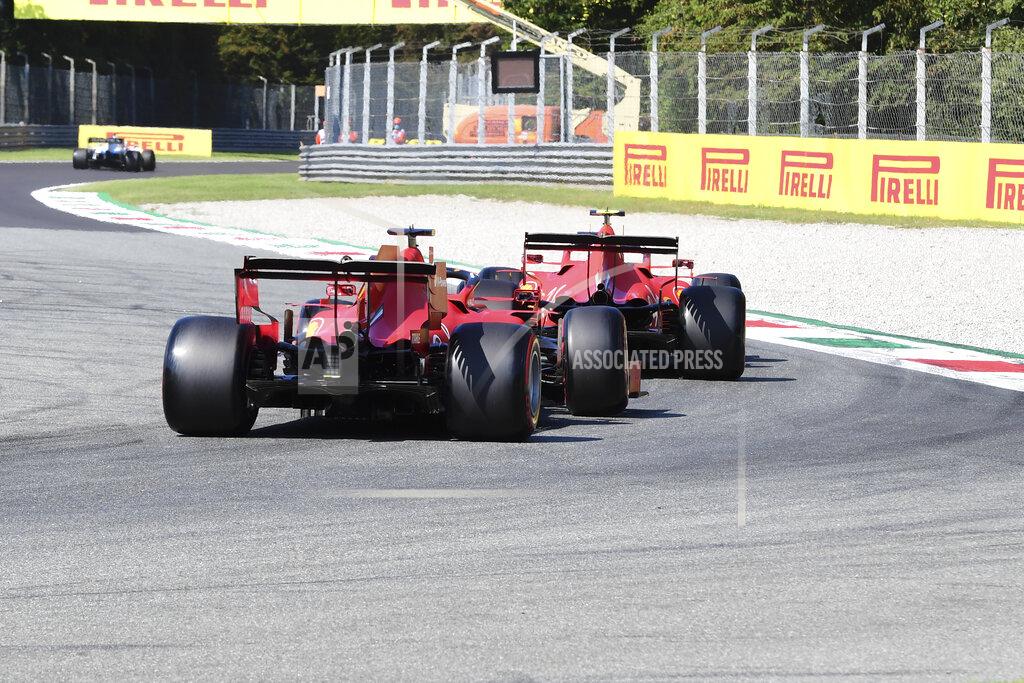 Ferrari driver Charles Leclerc of Monaco leads Ferrari driver Sebastian Vettel of Germany during the qualifying session for Sunday's Italian Formula One Grand Prix, at the Monza racetrack in Monza, Italy, Saturday, Sept. 5 , 2020. (Jennifer Lorenzini, Pool via AP)