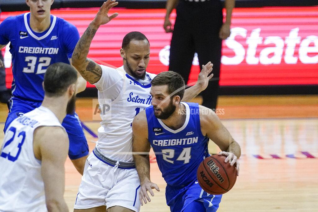 Frank Franklin Ii Creighton's Mitch Ballock (24) drives past Seton Hall's Takal Molson (15) during the first half of an NCAA college basketball game Wednesday, Jan. 27, 2021, in Newark, N.J. (AP Photo/Frank Franklin II)