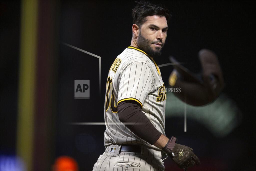D. Ross Cameron San Diego Padres' Eric Hosmer tosses his batting helmet after striking out to end the top of the sixth inning of the team's baseball game against the San Francisco Giants, Tuesday, Sept. 14, 2021, in San Francisco. (AP Photo/D. Ross Cameron)