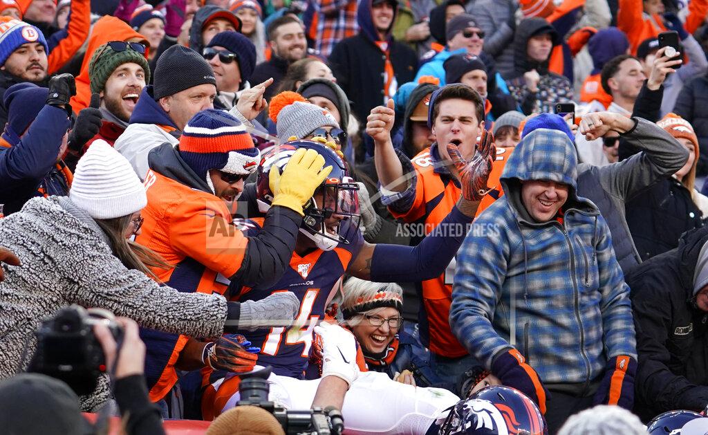 Jack Dempsey Denver Broncos wide receiver Courtland Sutton celebrates his touch down against the Los Angeles Chargers during the first half of an NFL football game Sunday, Dec. 1, 2019, in Denver.This was Denver Broncos quarterback Drew Lock's first touchdown pass. (AP Photo/Jack Dempsey)