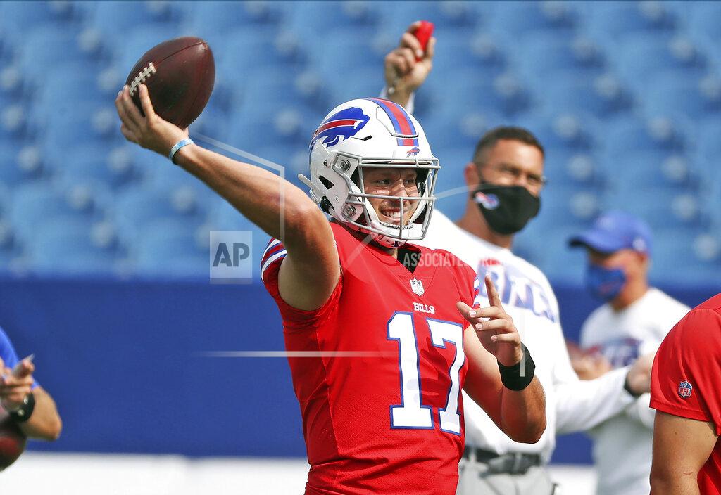 James P. Mccoy Buffalo Bills quarterback Josh Allen throws a pass during pregame warmups on the ninth day of NFL football training camp at Bills Stadium in Orchard Park, N.Y., Thursday, Aug. 27, 2020. (James P. McCoy/Buffalo News via AP, Pool)