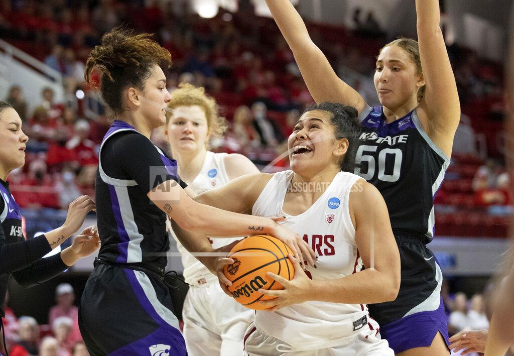 Ben Mckeown Washington State's Ula Motuga, center, attempts to drive the basket as Kansas State's Jaelyn Glenn, left, and Ayoka Lee, right, defend during the second half of a college basketball game in the first round of the NCAA tournament in Raleigh, N.C., Saturday, March 19, 2022. (AP Photo/Ben McKeown)