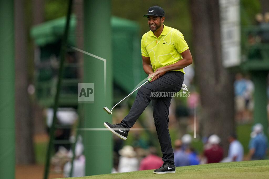David J. Phillip Tony Finau reacts after missing an eagle putt on the 15th hole during the second round of the Masters golf tournament on Friday, April 9, 2021, in Augusta, Ga. (AP Photo/David J. Phillip)