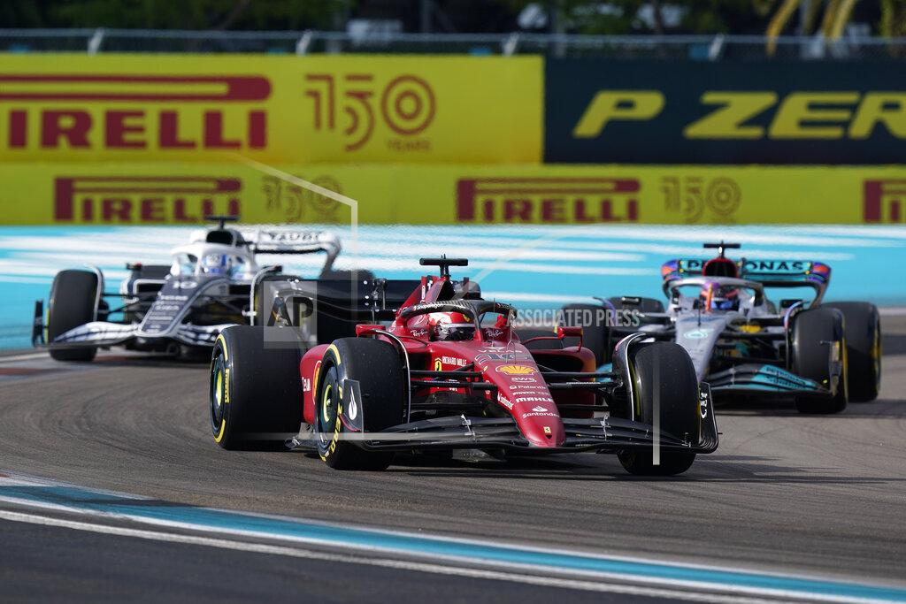 Wilfredo Lee Ferrari driver Charles Leclerc of Monaco drives his car during the second practice session for the Formula One Miami Grand Prix auto race at the Miami International Autodrome, Friday, May 6, 2022, in Miami Gardens, Fla. (AP Photo/Wilfredo Lee)
