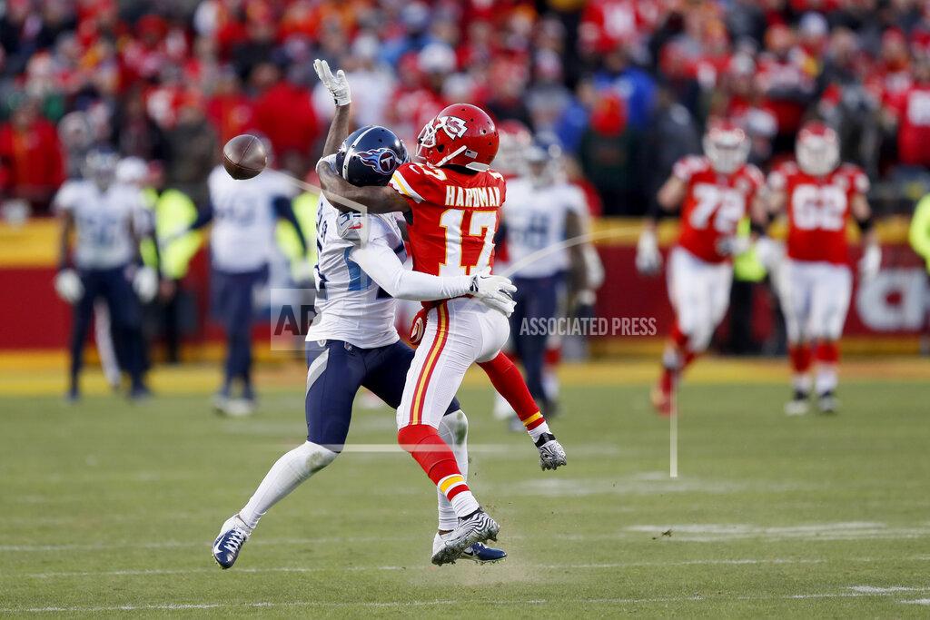 Charlie Neibergall Tennessee Titans' Tramaine Brock is called for pass interference on a pass intended for Kansas City Chiefs' Mecole Hardman (17) during the second half of the NFL AFC Championship football game Sunday, Jan. 19, 2020, in Kansas City, MO. (AP Photo/Charlie Neibergall)