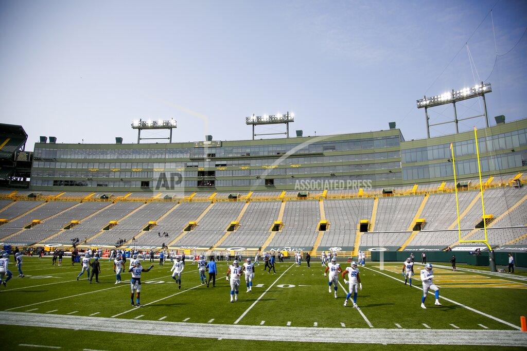 Matt Ludtke The Detroit Lions warm up before an NFL football game against the Green Bay Packers Sunday, Sept. 20, 2020, in Green Bay, Wis. (AP Photo/Matt Ludtke)