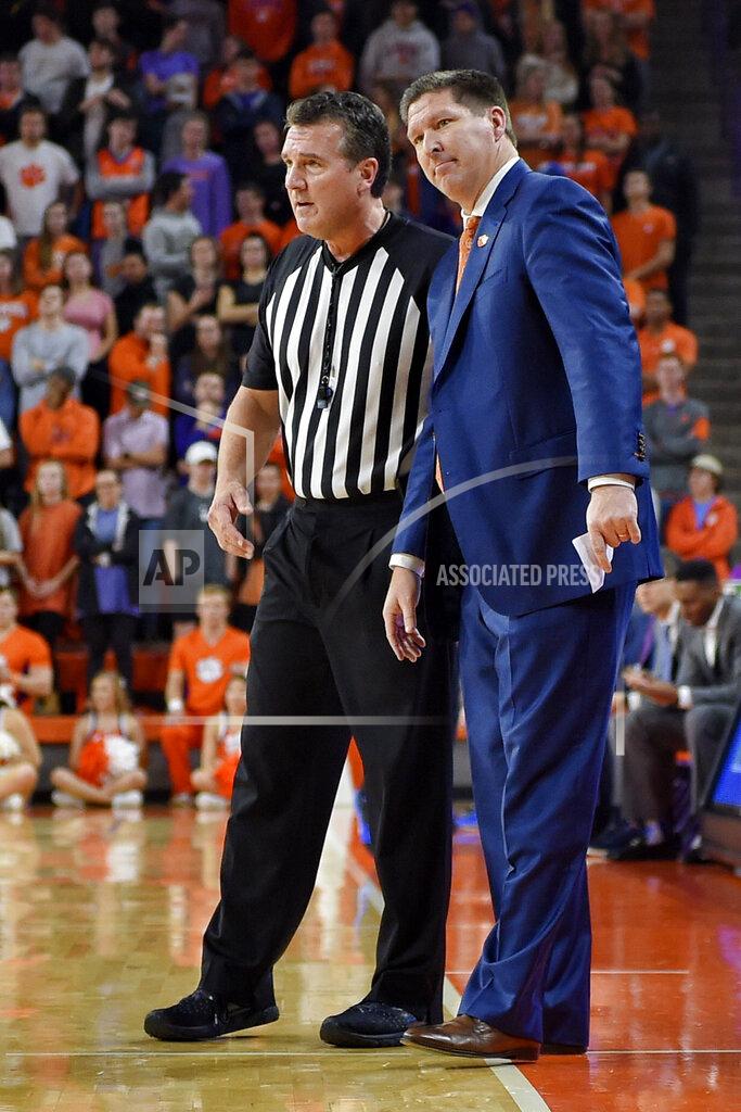Richard Shiro Clemson head coach Brad Brownell speaks to an official during the first half of an NCAA college basketball game against Duke Tuesday, Jan. 14, 2020, in Clemson, S.C. (AP Photo/Richard Shiro)