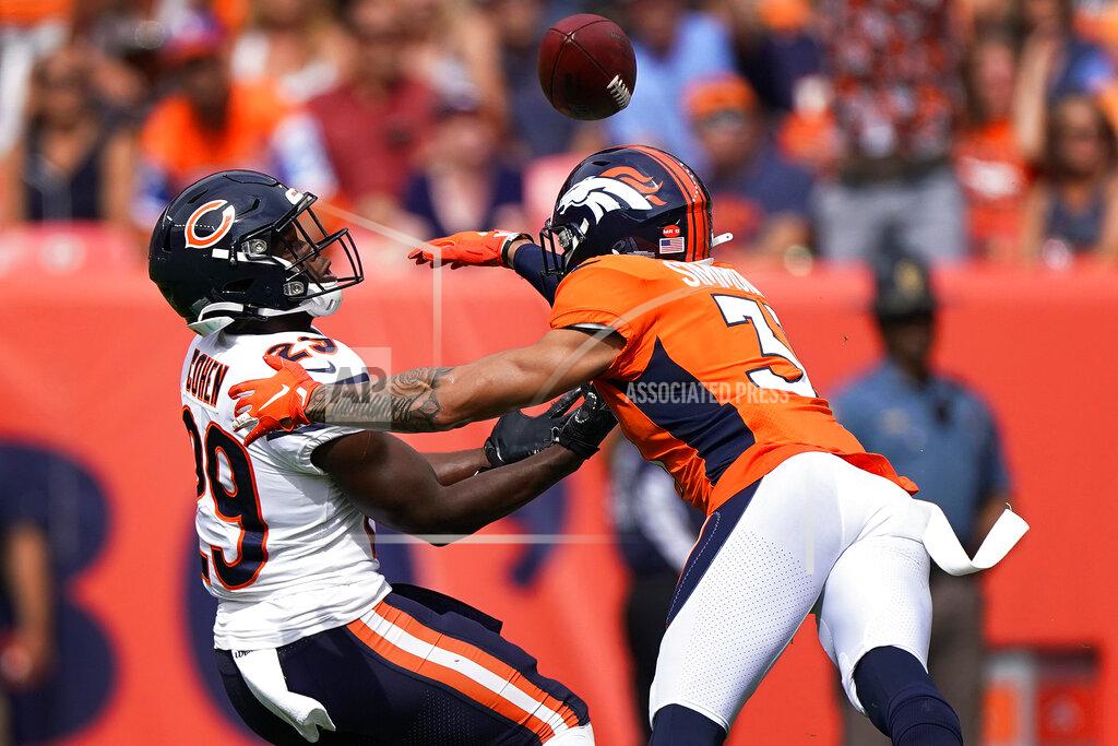 Jack Dempsey Denver Broncos free safety Justin Simmons, right, breaks up a pass intended for Chicago Bears running back Tarik Cohen (29) during the first half of an NFL football game, Sunday, Sept. 15, 2019, in Denver. (AP Photo/Jack Dempsey)